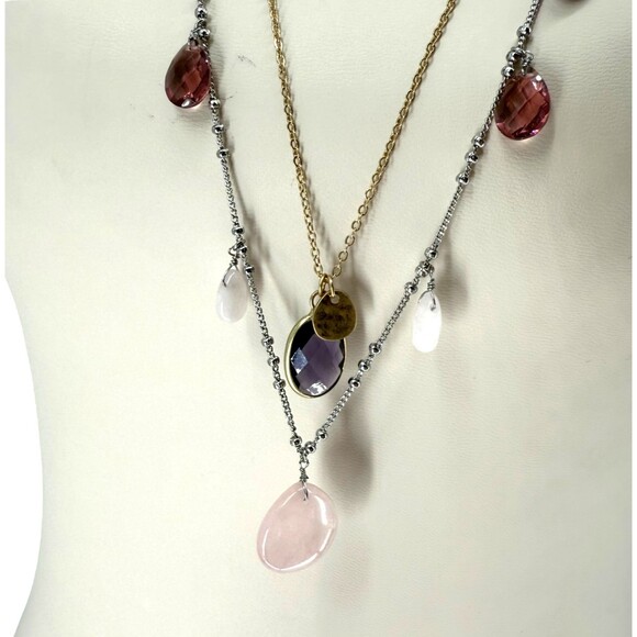 J. Jill Layered Necklace Faceted Glass Charms Iced Rose Quartz Teardrop Adjusts - Picture 13 of 15